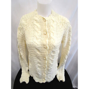 Vintage 60s Su Lee Hong Kong Ivory Cable Knit Wool Cardigan Sweater Women XL